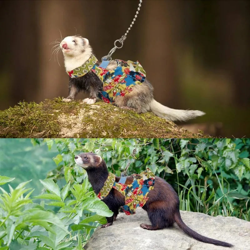 Pet Ferret Harness Dress with Split Tank Top Squirrel Leash and Anti-bite Chest and Back Strap Flower Branch Black-tailed Marmot
