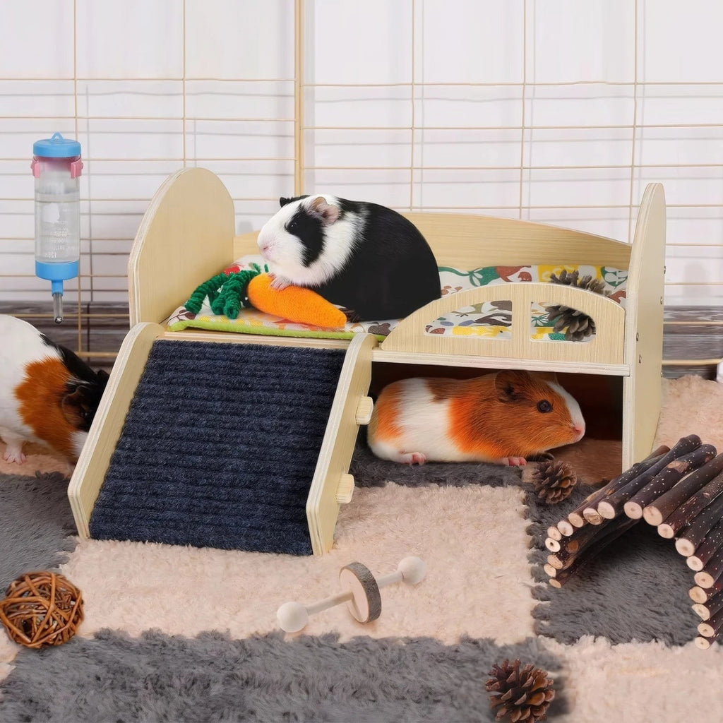 Guinea Pig Bed with Stable Stairs & Mat Wood Pet Toy Bed Reusable Multi-Level Guinea Pig Castle for Hamsters Bunny Chinchillas