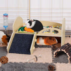 Guinea Pig Bed with Stable Stairs & Mat Wood Pet Toy Bed Reusable Multi-Level Guinea Pig Castle for Hamsters Bunny Chinchillas
