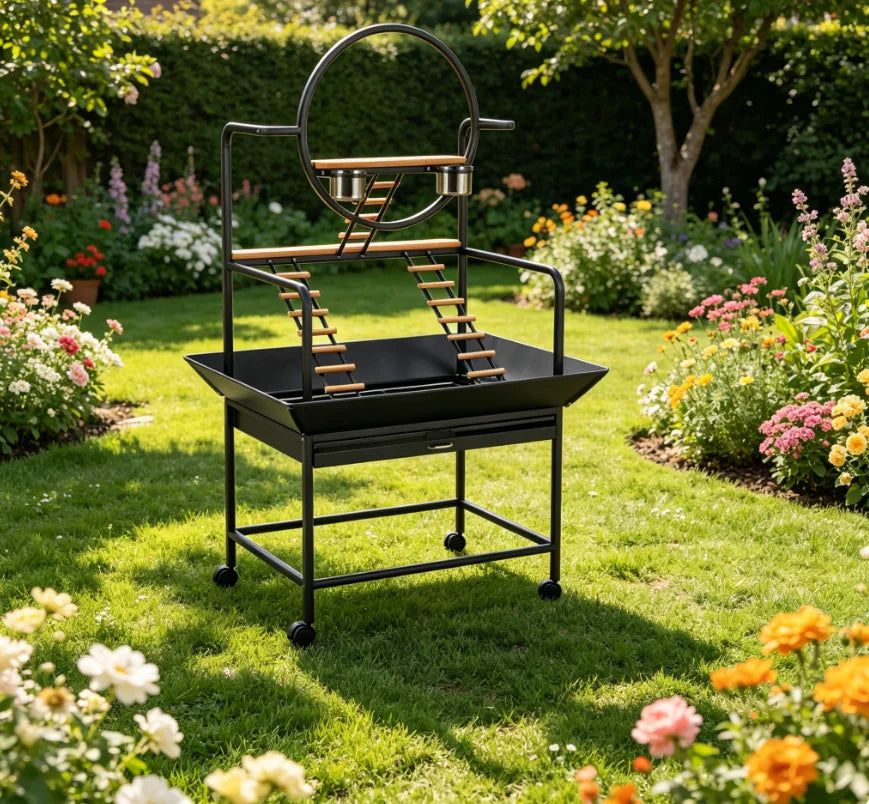 64-Inch Bird Cage Playstand with Perches and Ladders, Stackable Metal Parrot Playground with Removable Tray and Lockable Wheels, Easy-Clean Aviary for Parakeets, Cockatiels, Conures, and Macaws