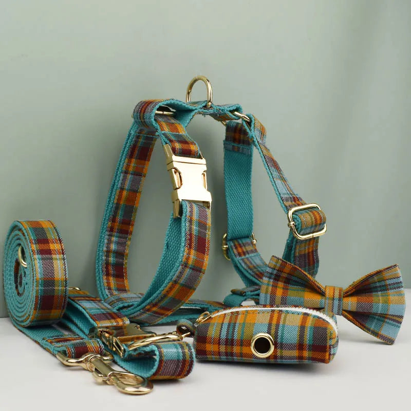 Custom Design Logo Cotton Pet Accessories Personalized Dog Collar Leashes Harness Bow Set Manufacturers Grid13-02