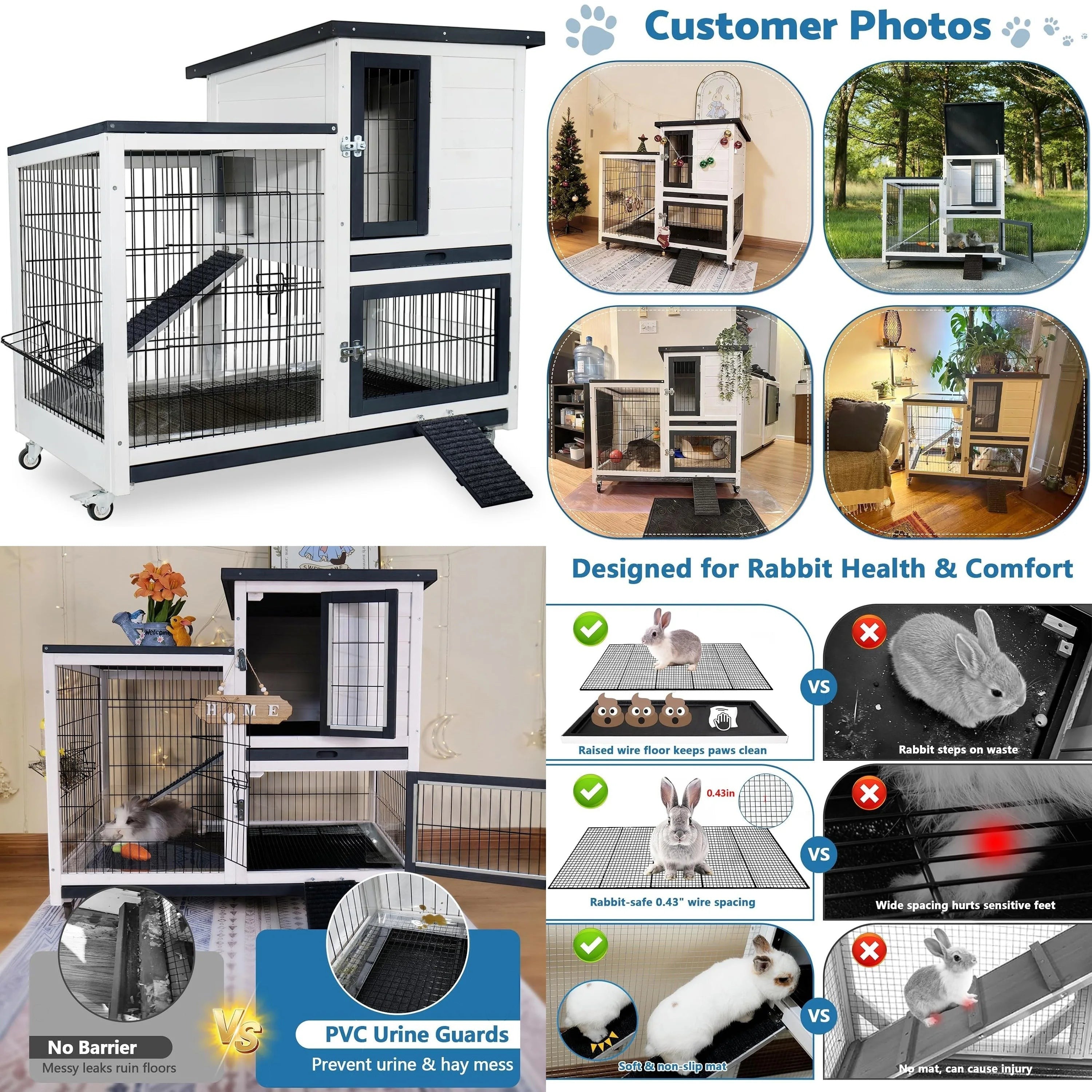 2-Story Rabbit Hutch Indoor Outdoor with Urine Guards Chew-Resistant Ramp Leak-Proof Trays Wheels