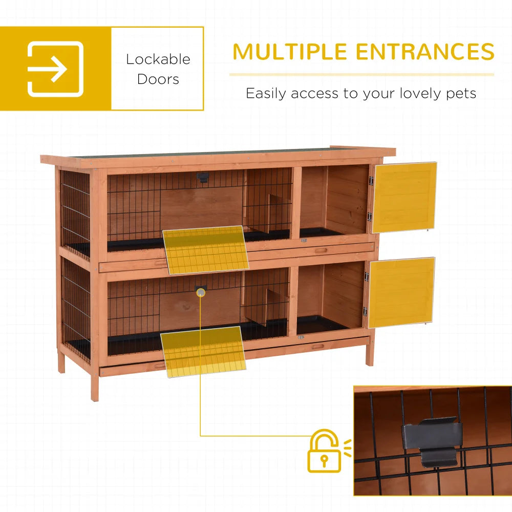 54" 2-Story Large Rabbit Hutch Bunny Cage - Wooden Pet House for Small Animals, Lockable Doors, No Leak Tray, Waterproof Roof, Outdoor/Indoor Use, Orange
