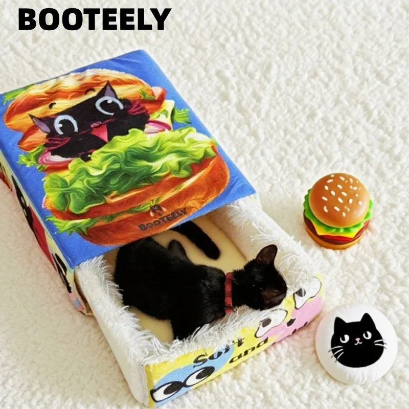 BOOTEELY Cartoon Hamburger Black Cat Snack Box Plush Cat Bed Spacious Cozy Pet Nest For Cats' Comfortable Rest With Cute Design