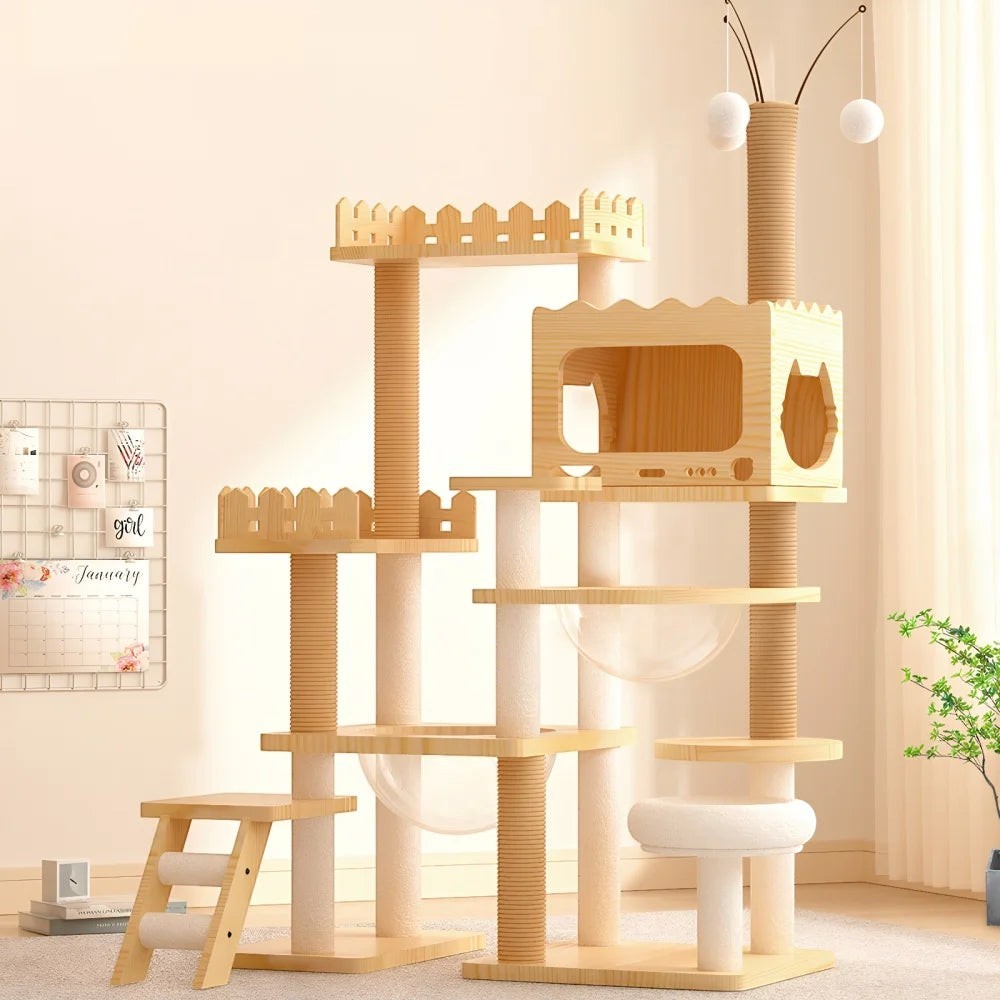Modern Wooden Cat Tree Tower for Indoor Cats, Multi-Level Cat Condo with Sisal Scratching Posts, Top Perch & Acrylic Hammock, Durable Large Activity Center for Multiple Kittens