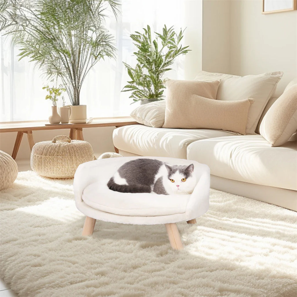 Luxury Soft Warm Plush Cat Bed Nesting Chair with Wood Legs Washable Waterproof Cushion Pad Pet Bed for Small Animals