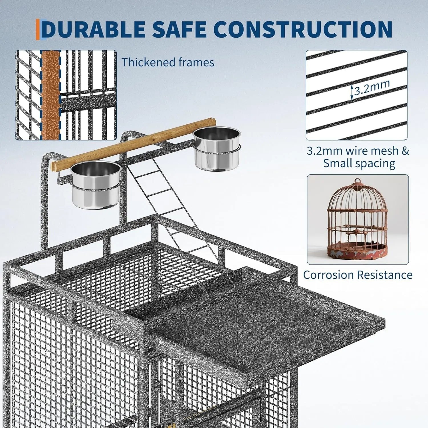 Large Bird Cage, Metal Parakeet Cage with Play Top, Wood Perches & Feeder, Spacious Rolling Flight Cage for Parrots, Cockatiels
