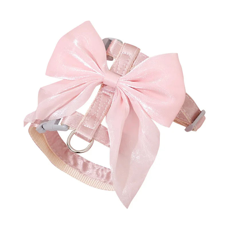 Cat Harness and Leash Set with Big Bow, Escape Proof  Kitten Lead, Adjustable H-Type Vest for Walking, Cute Shiny Accessories