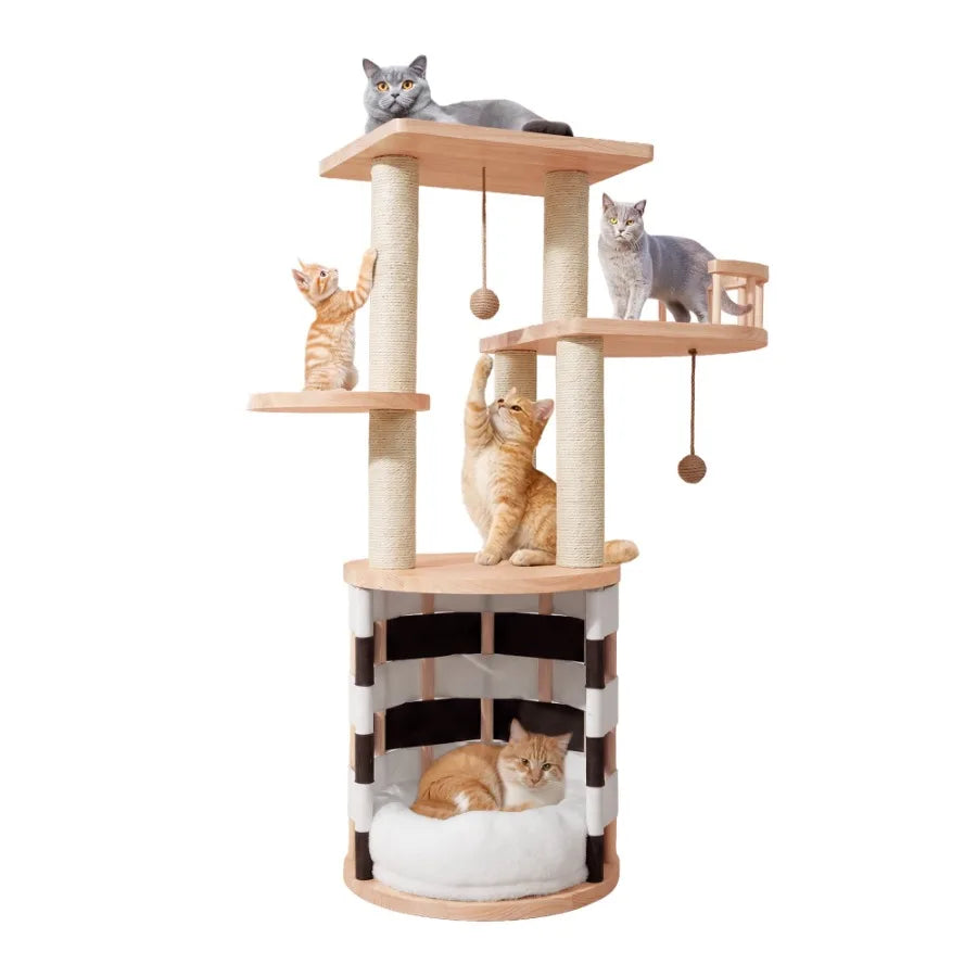 40 in Solid Pine Wood Cat Tree Multi-Level Cat Tower with Cat House Observation Perches Plush Bed and Sisal Scratching Posts In