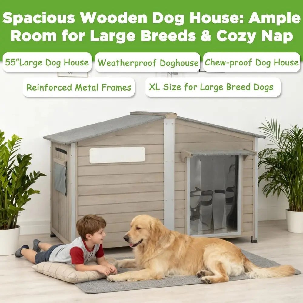 Extra Large Weatherproof XL Wooden Dog House for Small to Large Dogs with Metal Roof and Reinforced Base