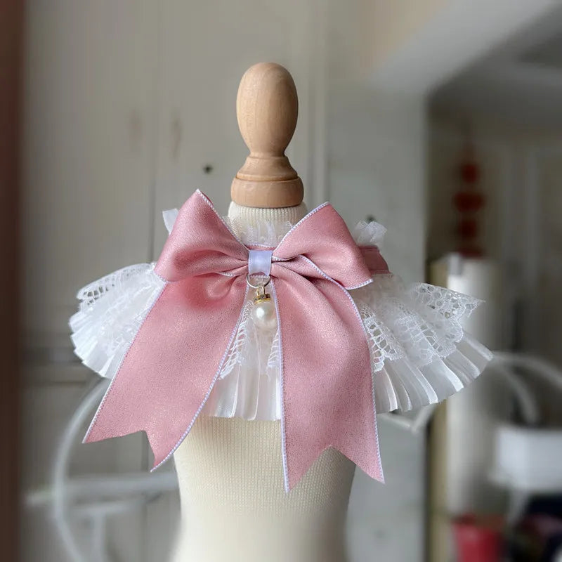 Sweet Cat Dog Bibs Collar Girls Neck Decoration Adjustable White Lace Pink/Blue Bowknot Neckerchief  String Strap Scarf Necklace