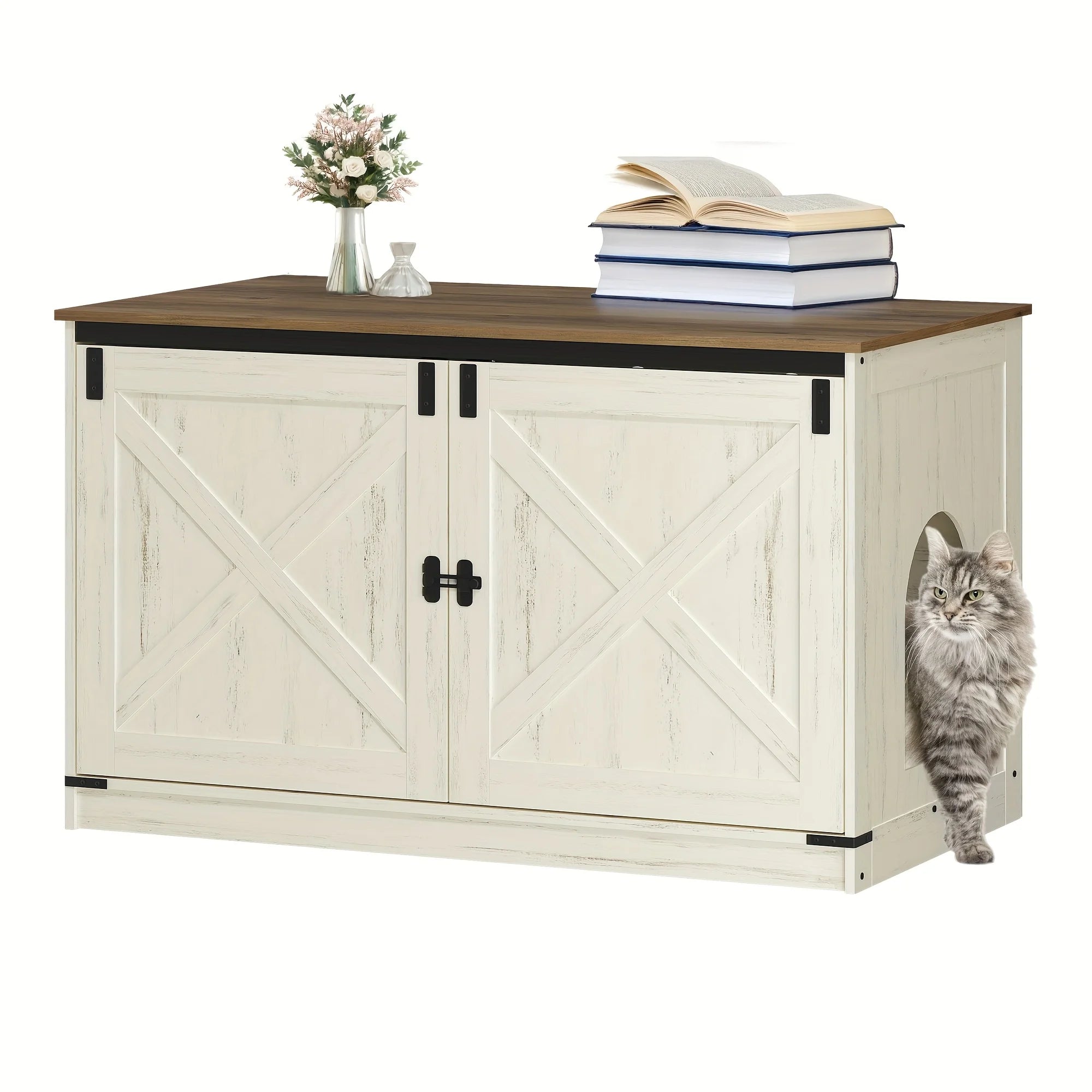 Hillcrest Reversible Litter Box Cabinet — Hidden Storage, Barn Door Design