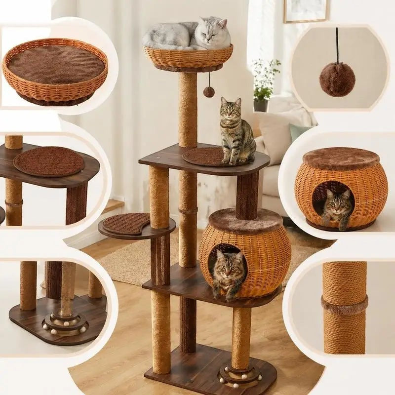 Multi-Level Cat Tree with PE Rattan Condo and Sisal Scratching Posts, Hanging Toy and Top Perch for Indoor Climbing Play, Brown, 59.5 Inch