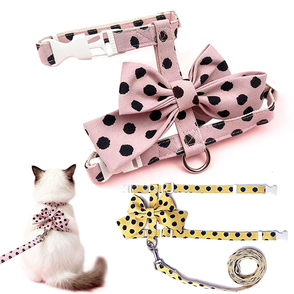 Stylish Polka Dot Pet Bow Harness & Leash Set Cute Puppy Kitten Small Dog Cat Vest Secure Adjustable Walking Cute Bow Collar