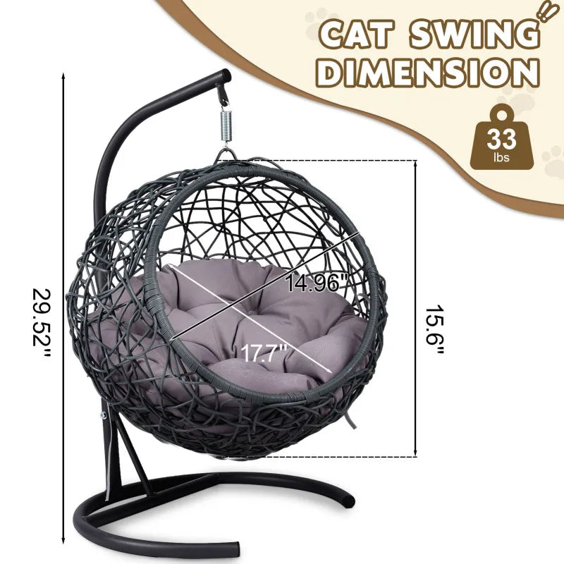 Cat Swing Bed with Stand & Cushion, Cat Egg Chair with Rattan Wicker Appearance, Indoor Hanging Swinging Cat Bed for Cats, Sm