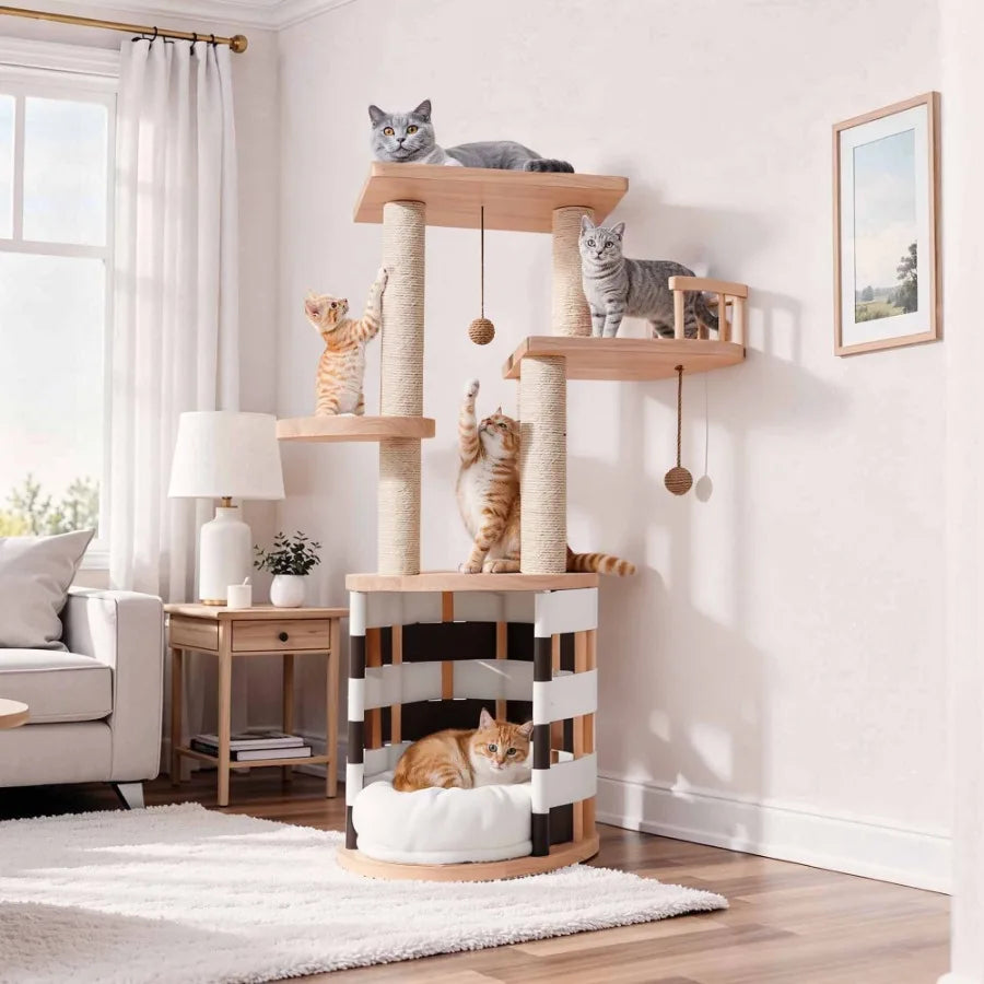 40 in Solid Pine Wood Cat Tree Multi-Level Cat Tower with Cat House Observation Perches Plush Bed and Sisal Scratching Posts In