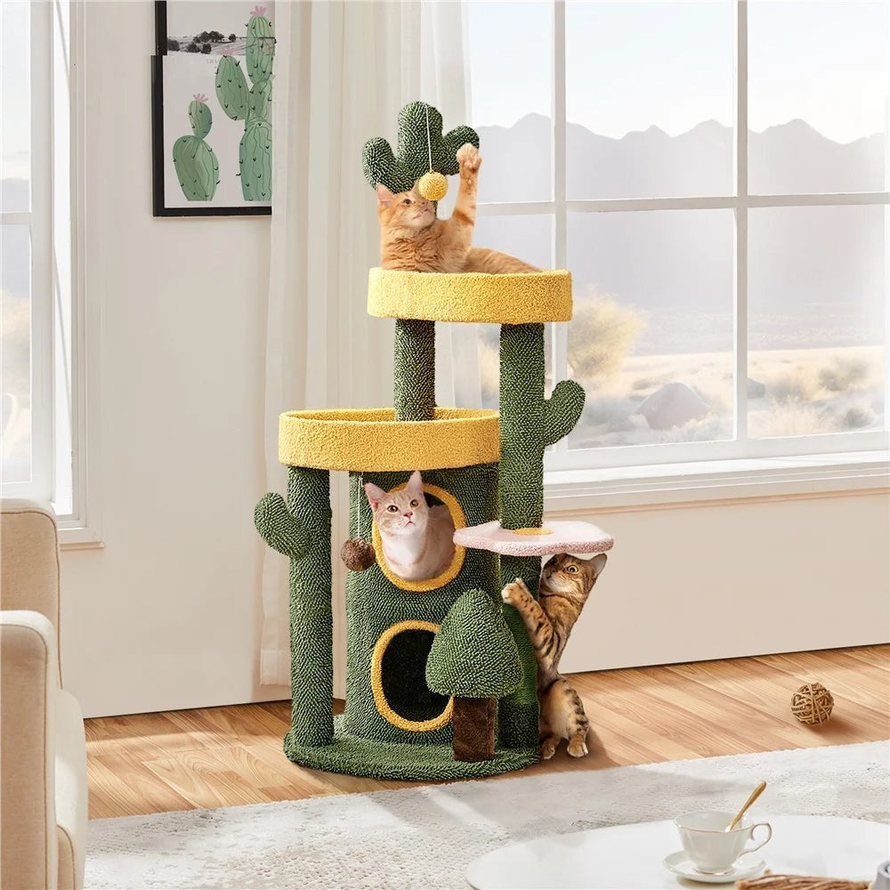 48.5in Cat Tree Oasis-Themed Fleece-Covered Cat Tree Tower, Cactus Cat Condo with 3 Perches/Scratching Posts/Toys, Cute Cat House Activity Center, Anti-tipping, Ideal Christmas Gift for Indoor Cat Kitty, Green & Yell