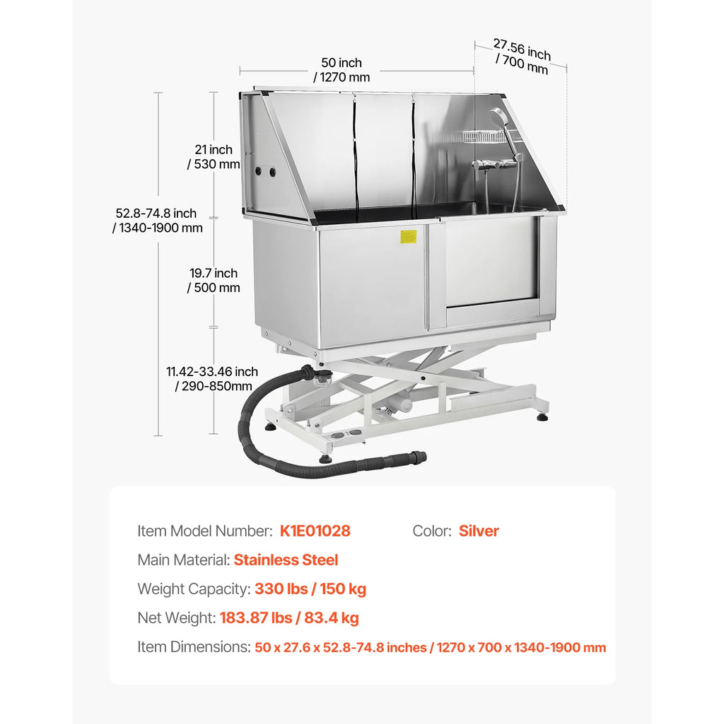 Electric Lift Dog Washing Station 50in StainlessSteel w/PE Water Filter Board Faucet&Showerhead DogBathtub