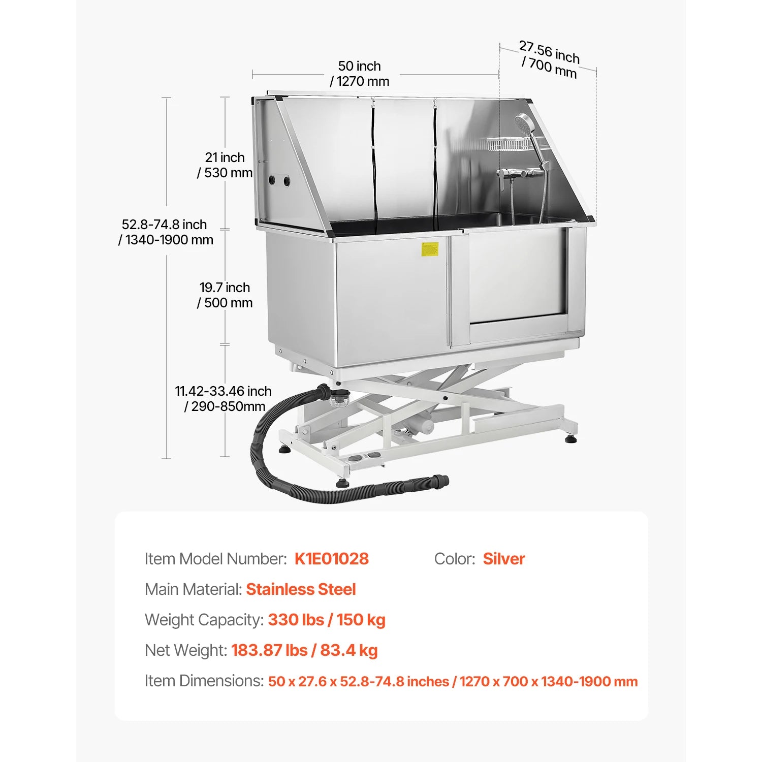 Electric Lift Dog Washing Station 50in StainlessSteel w/PE Water Filter Board Faucet&Showerhead DogBathtub