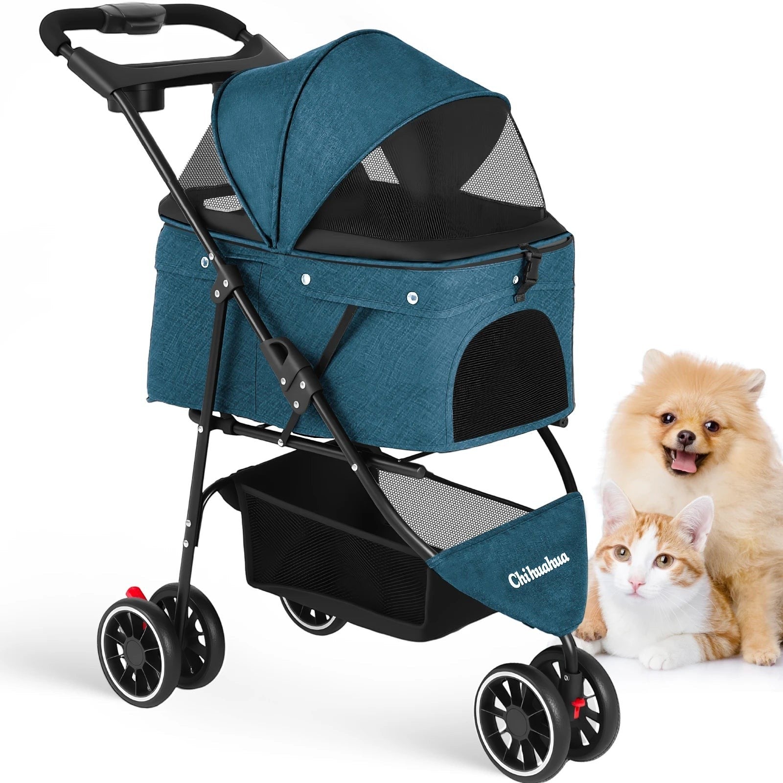 Mincy Pets Foldable 3-Wheel Pet Stroller with Mesh Canopy product photo.