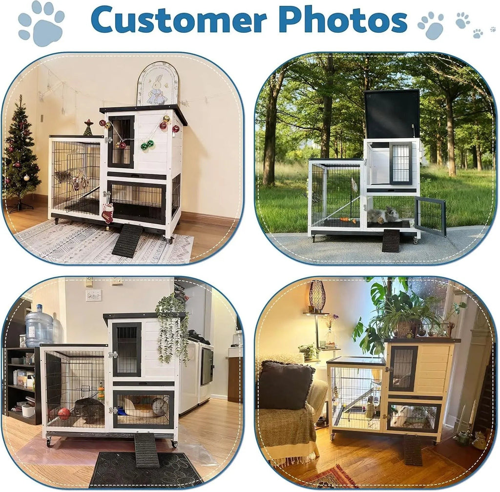 2-Story Rabbit Hutch Indoor Outdoor with Urine Guards Chew-Resistant Ramp Leak-Proof Trays Wheels