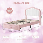 Kids Upholstered Bed Frame with LED Crown Headboard, Velvet Fabric and Metal-Wood Construction, Modern Princess Style Platform B