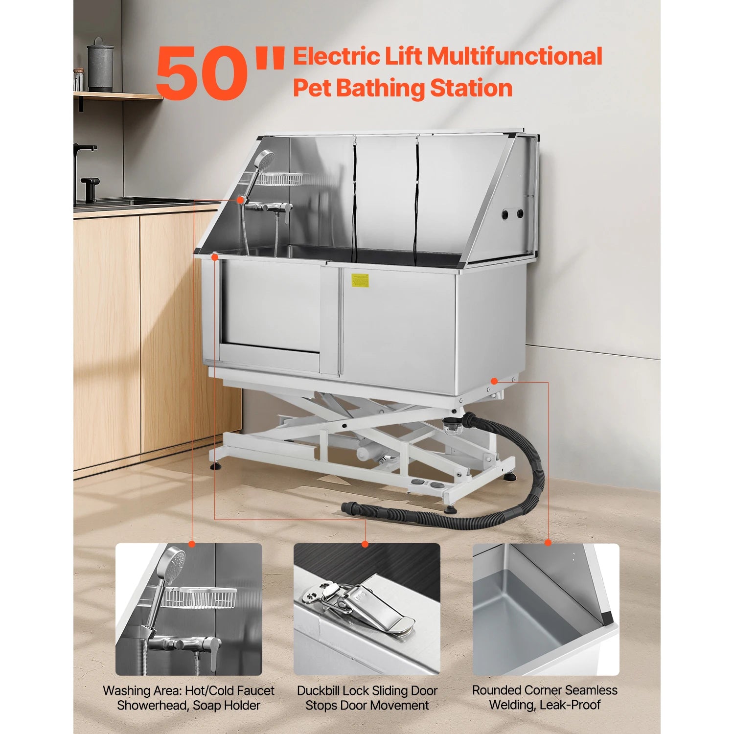 Electric Lift Dog Washing Station 50in StainlessSteel w/PE Water Filter Board Faucet&Showerhead DogBathtub