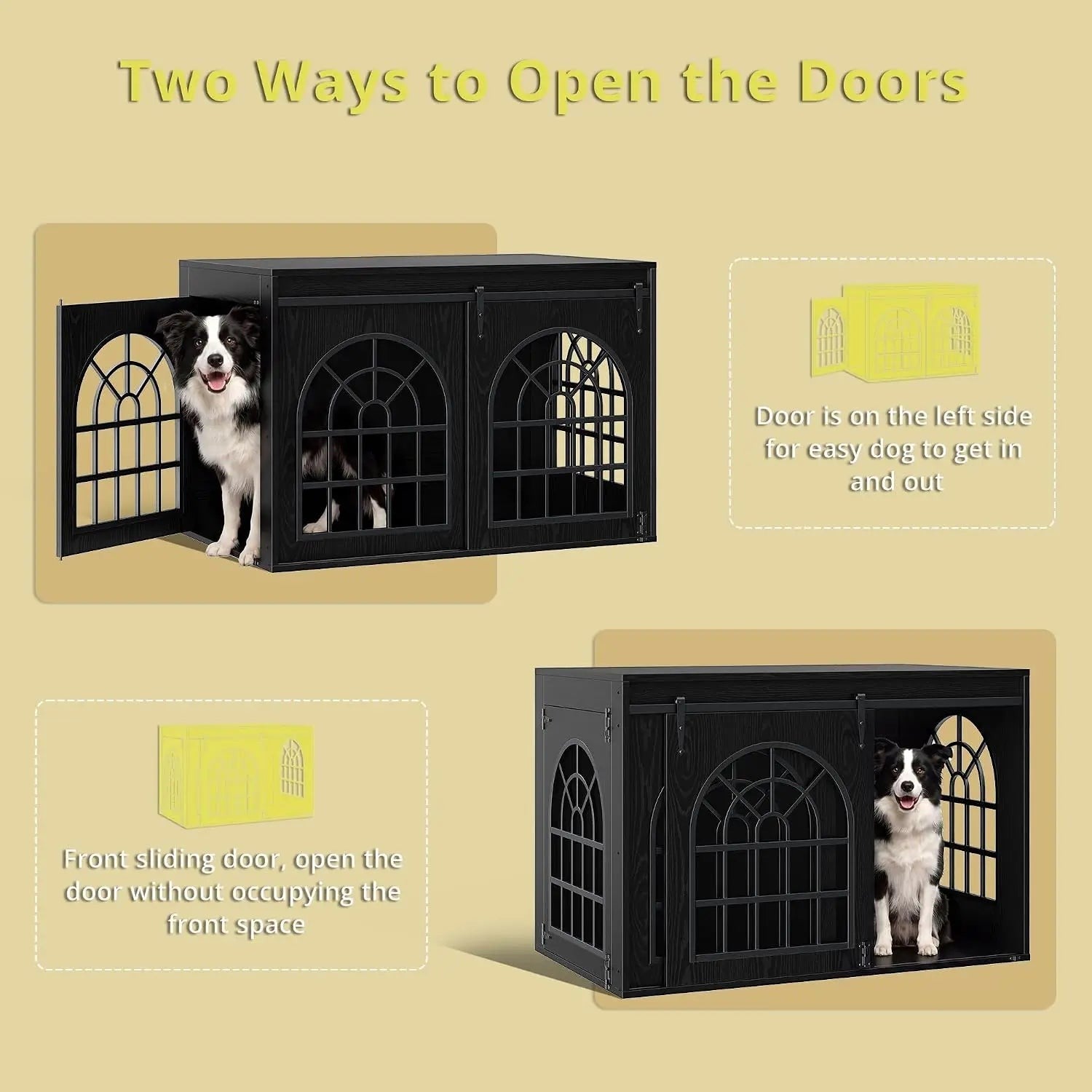 Black 45.1 Inch Wooden Dog Crate Furniture with Sliding Barn Door, 2-in-1 Pet Kennel & TV Console Table with 3 Hanging Hooks, Chew Resistant Multi-Purpose Indoor Pet Enclosure