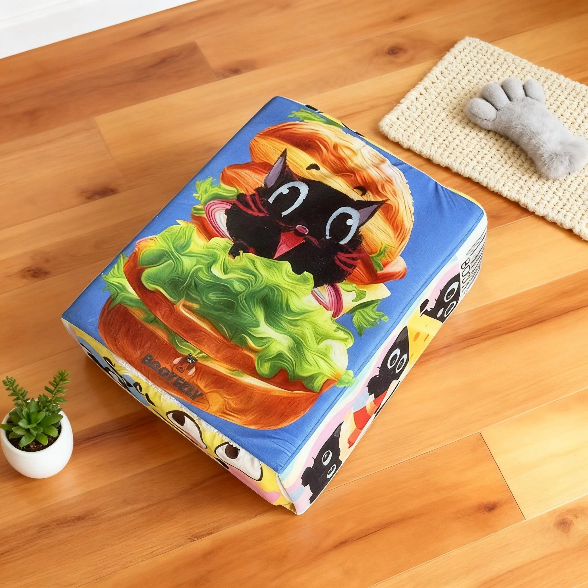 BOOTEELY Cartoon Hamburger Black Cat Snack Box Plush Cat Bed Spacious Cozy Pet Nest For Cats' Comfortable Rest With Cute Design