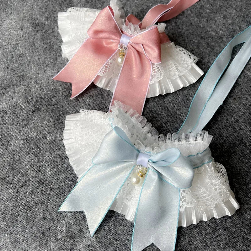 Sweet Cat Dog Bibs Collar Girls Neck Decoration Adjustable White Lace Pink/Blue Bowknot Neckerchief  String Strap Scarf Necklace