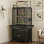 Large Bird Cage, 71" h Rolling Birdcage with Play Top & Storage Cabinet, Wood Parakeet Cage for Macaw Parakeet Parrot Cockatiel Budgie (Dark Walnut)
