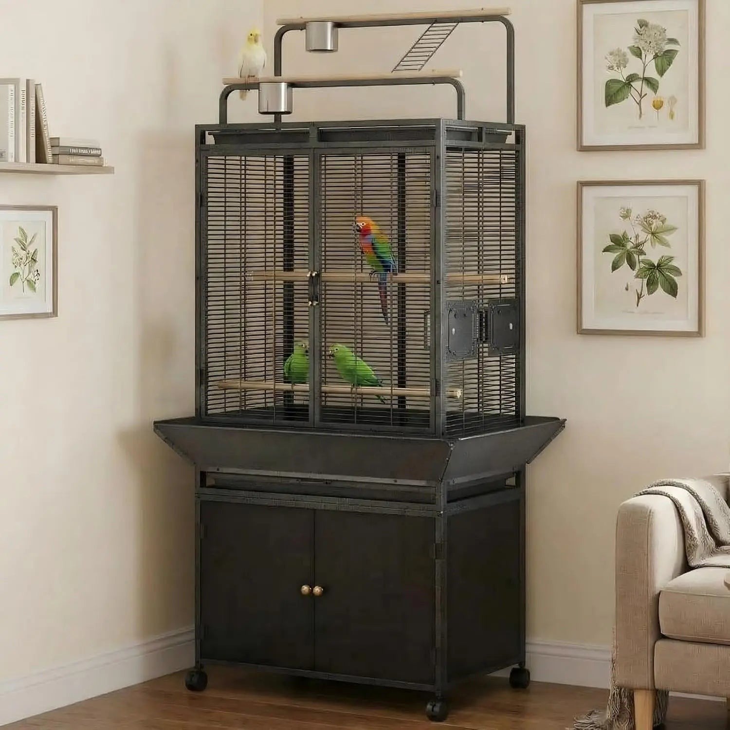 Large Bird Cage, 71" h Rolling Birdcage with Play Top & Storage Cabinet, Wood Parakeet Cage for Macaw Parakeet Parrot Cockatiel Budgie (Dark Walnut)