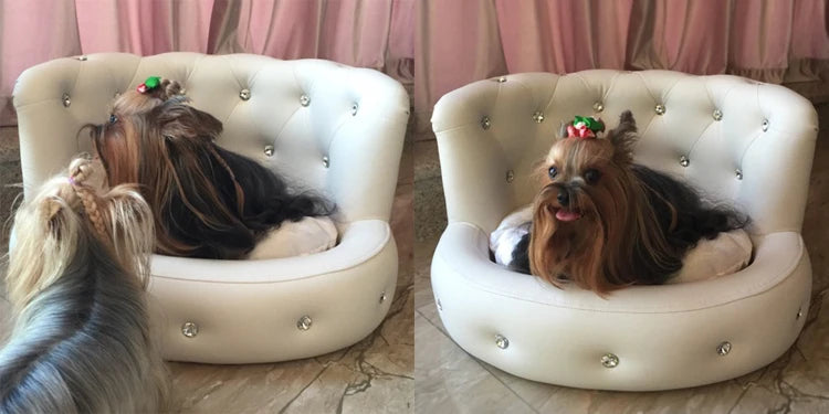 Ready to ship multi-colors luxury pet bed leather dog bed princess style cat sofa bed with diamond