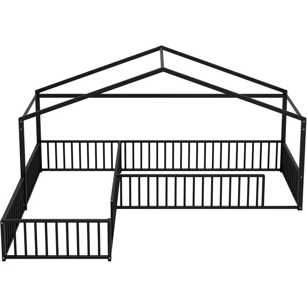 Twin Size L-Shaped Loft Bed with Metal Frame and Guardrails, Double Twin Beds for 2 Kids, No Slats, Easy Assembly, Black
