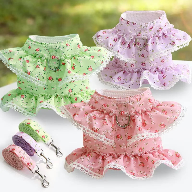 Small Dog Clothes Pet Cat Harness With Leash Lace Teddy Bichon Spring Summer Autumn Dog Leash Cat Supplies
