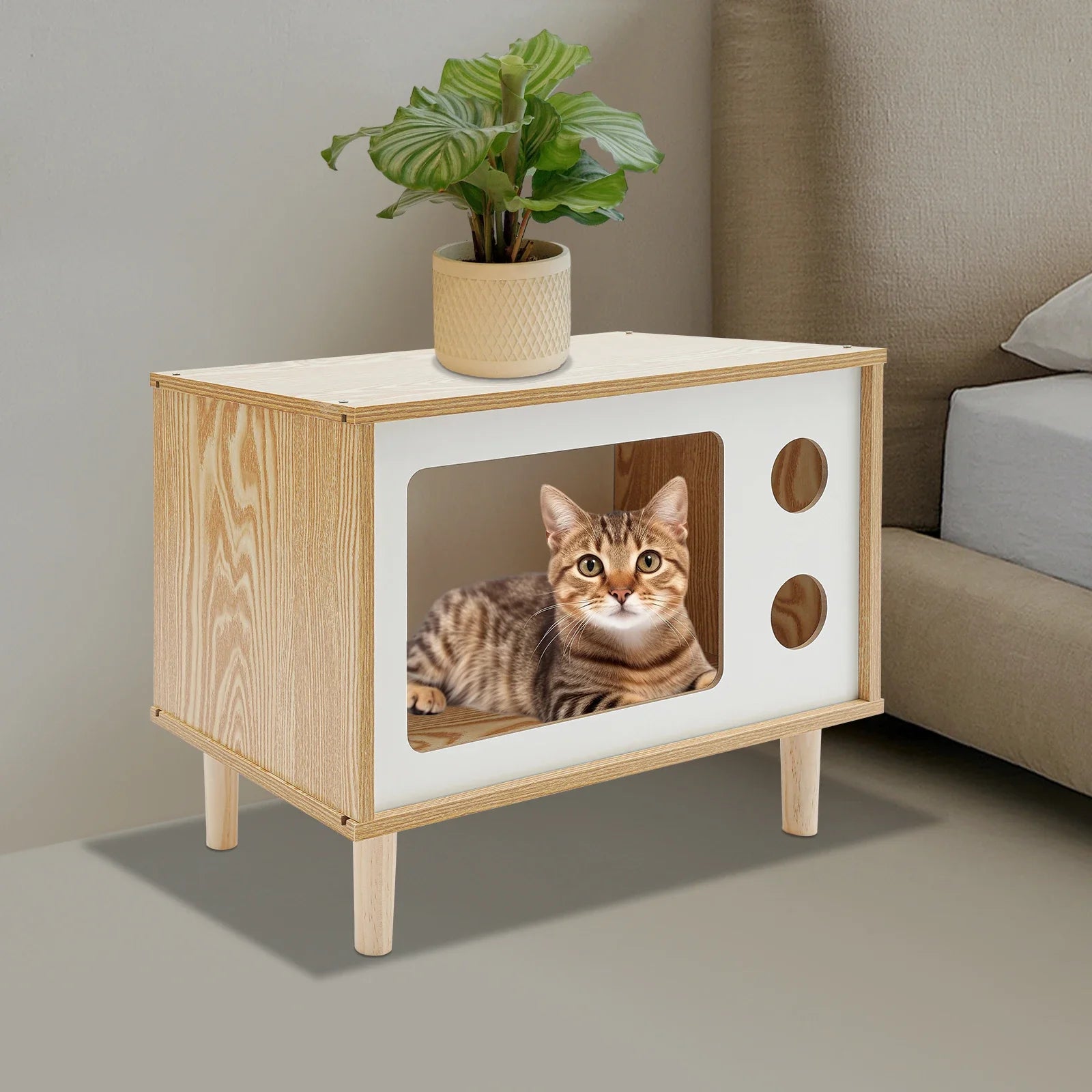 Marlowe Mid-Century Cat House — Solid Wood TV-Stand Silhouette