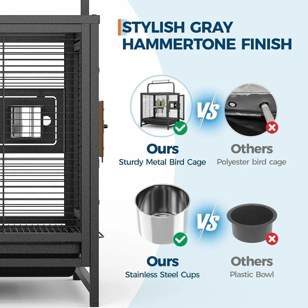 Sturdy Portable Small Bird Travel Cage,Iron Carrier with Removable Tray, Wooden Perch Handle, Easy Clean Black Aviary