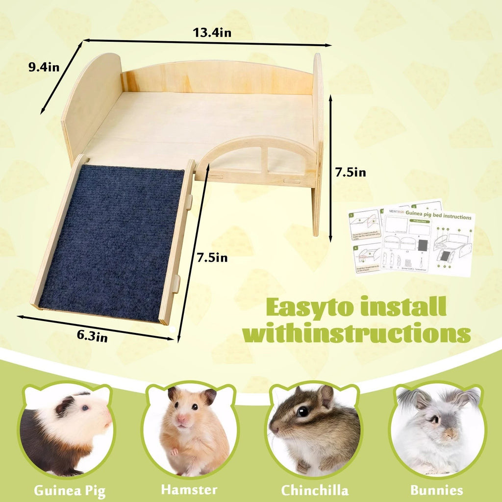 Guinea Pig Bed with Stable Stairs & Mat Wood Pet Toy Bed Reusable Multi-Level Guinea Pig Castle for Hamsters Bunny Chinchillas