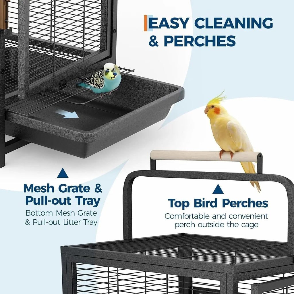 Sturdy Portable Small Bird Travel Cage,Iron Carrier with Removable Tray, Wooden Perch Handle, Easy Clean Black Aviary