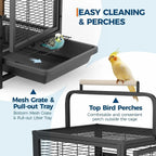 Sturdy Portable Small Bird Travel Cage,Iron Carrier with Removable Tray, Wooden Perch Handle, Easy Clean Black Aviary