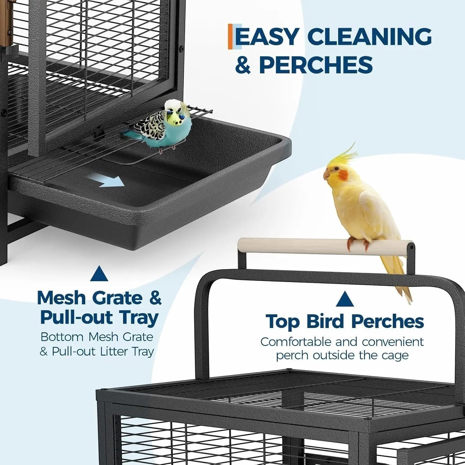 Sturdy Portable Small Bird Travel Cage,Iron Carrier with Removable Tray, Wooden Perch Handle, Easy Clean Black Aviary
