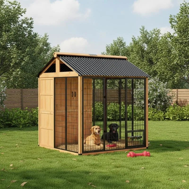 7' X 6' Extra Large Dog House, Wood Outdoor Dog Kennel with Storage Cabinet, Stainless Steel Bowls, Light Yellow