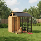 7' X 6' Extra Large Dog House, Wood Outdoor Dog Kennel with Storage Cabinet, Stainless Steel Bowls, Light Yellow