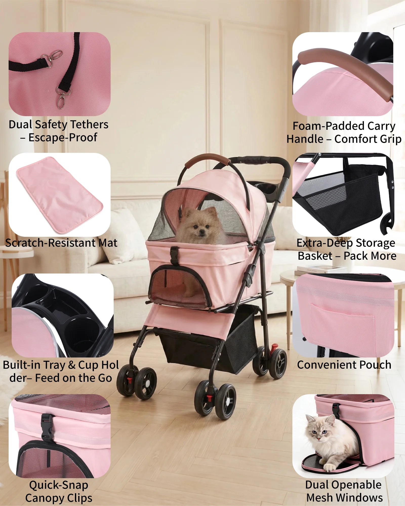 Portable Pet Stroller with Removable Pet Carrier Foldable Stroller for Small to Medium-Sized Cats and Dogs