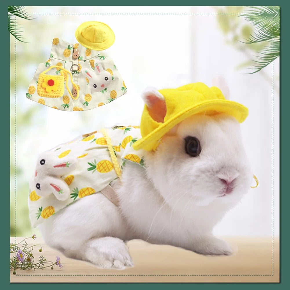 Cute Bunny Pet Vest Accessories Outdoor Leash Rabbit Clothes with Bag Hat Harness Strap Leash Dress Clothes for Guinea Pig