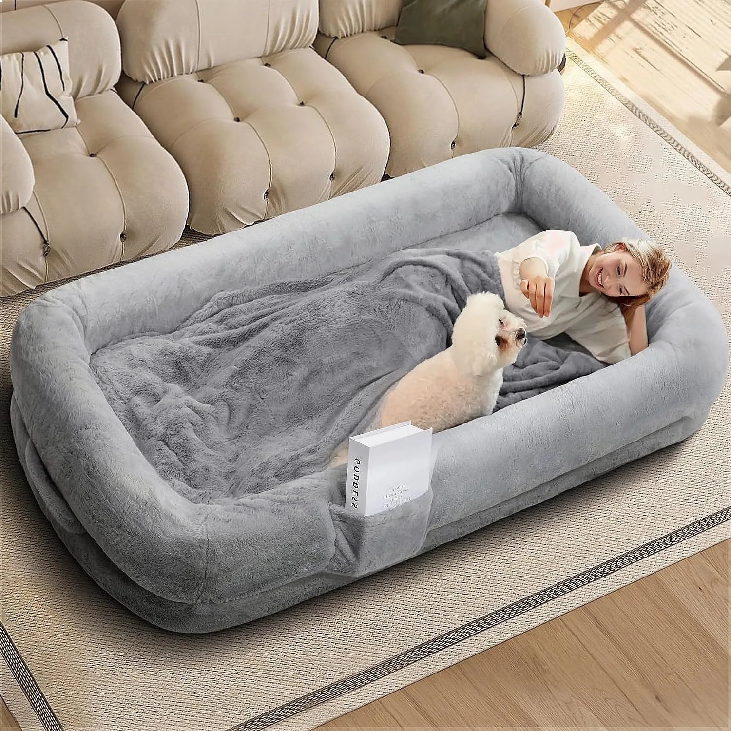 Kromax 71x43x10 Large Human Dog Bed for Adults Orthopedic Washable Cover Light Grey