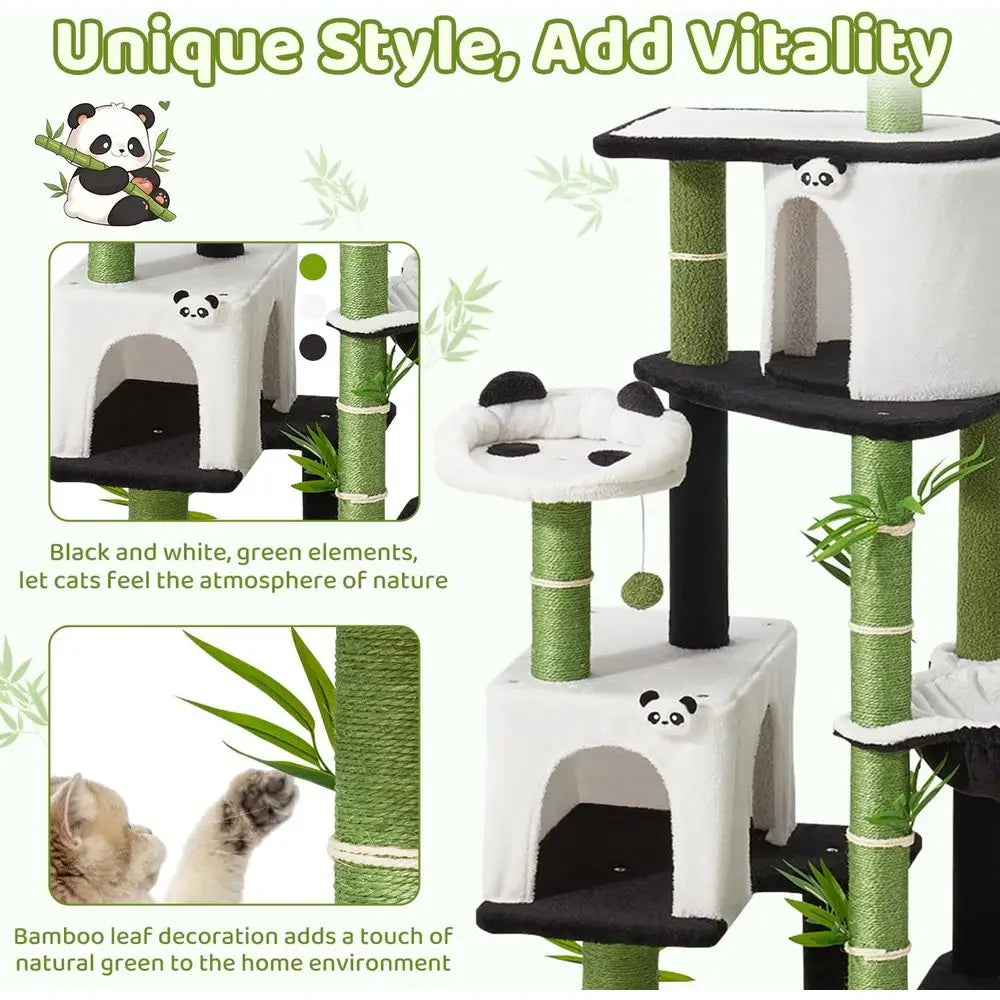 71.3 Tall Cat Tower with Panda Design: Spacious Kitty Condo, Sisal Scratching Post, Hammock, and Multi-Level Platforms