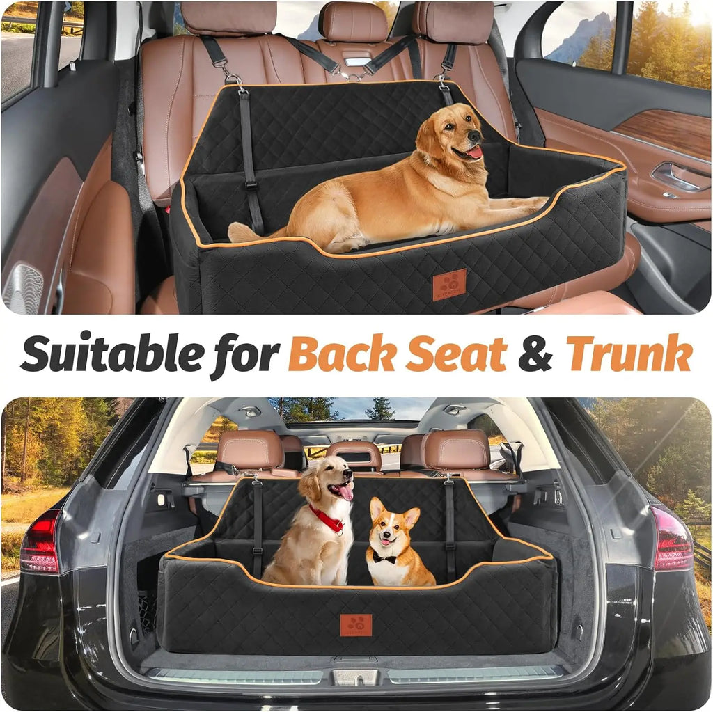Large Dog Car Seat for Backseat & Trunk, Memory Foam, Washable Cover, Safety Belts, Fits Dogs Under 100 lbs