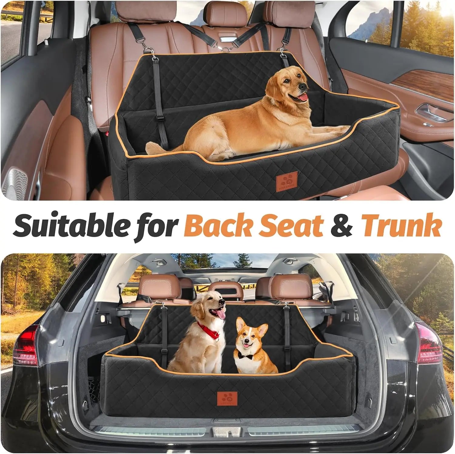 Large Dog Car Seat for Backseat & Trunk, Memory Foam, Washable Cover, Safety Belts, Fits Dogs Under 100 lbs