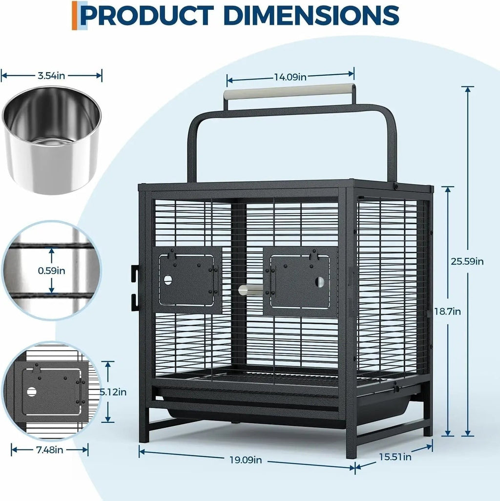 Sturdy Portable Small Bird Travel Cage,Iron Carrier with Removable Tray, Wooden Perch Handle, Easy Clean Black Aviary